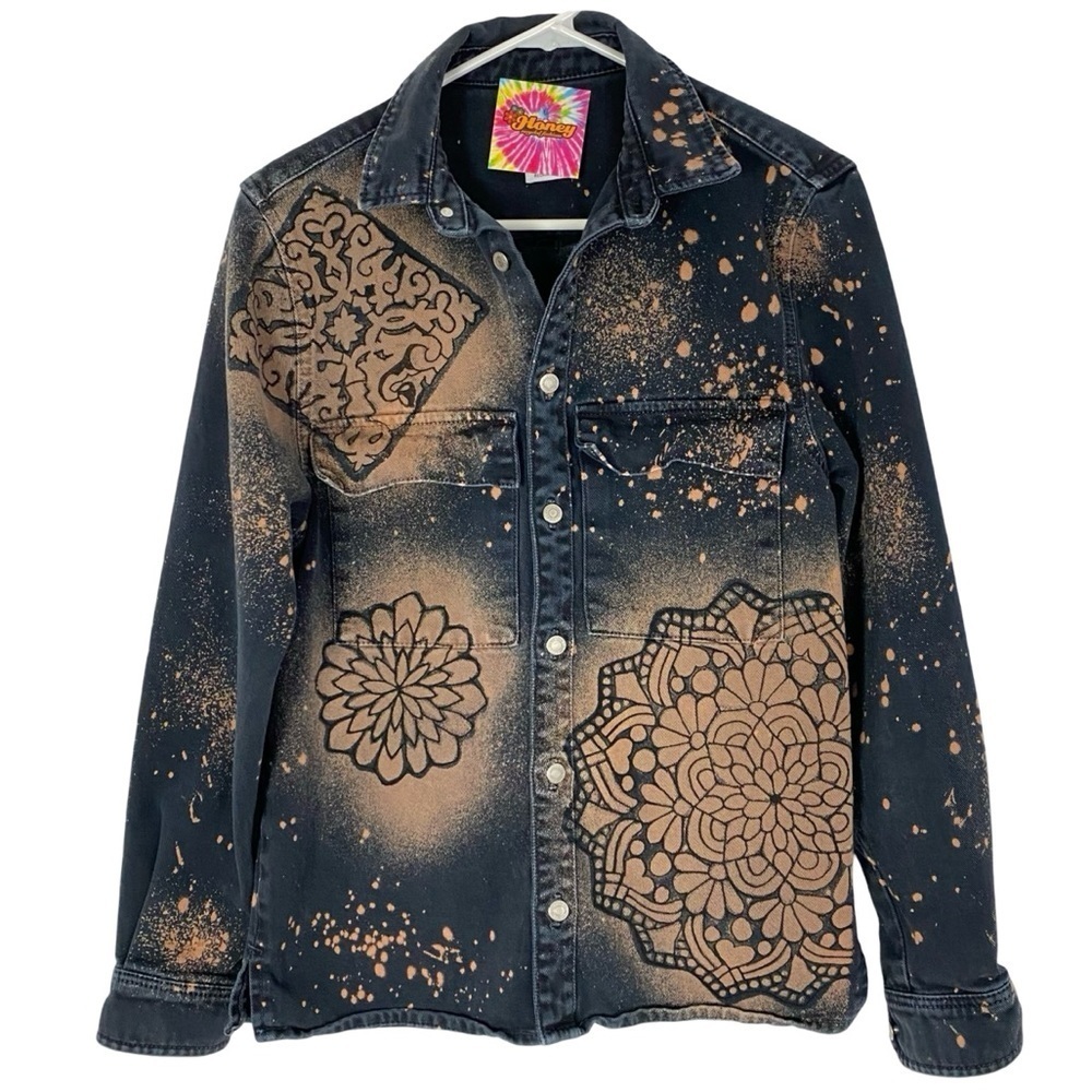 Reworked Boho Denim Jean Shirt Jacket Shacket Womens Size Small Unisex Mandala